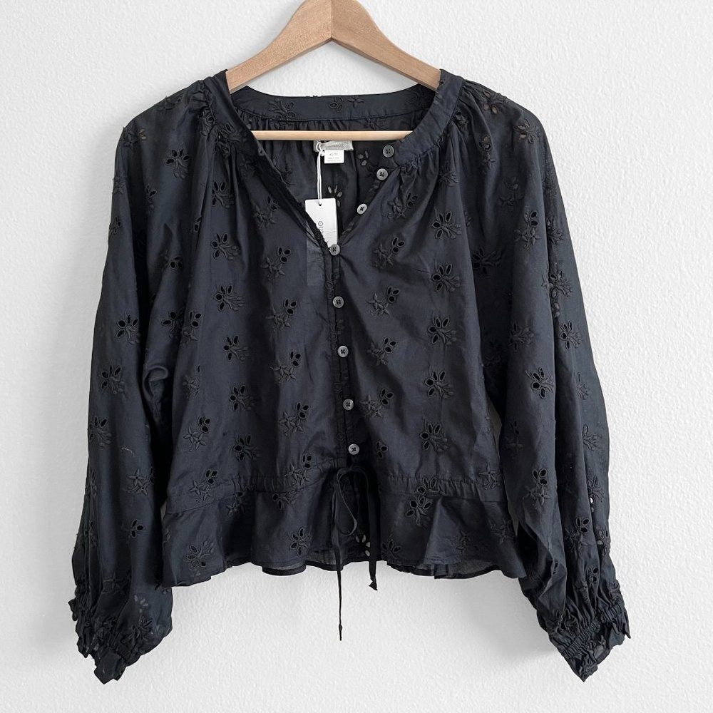 NWT Outerknown Eyelet Poet Blouse Pitch Black S